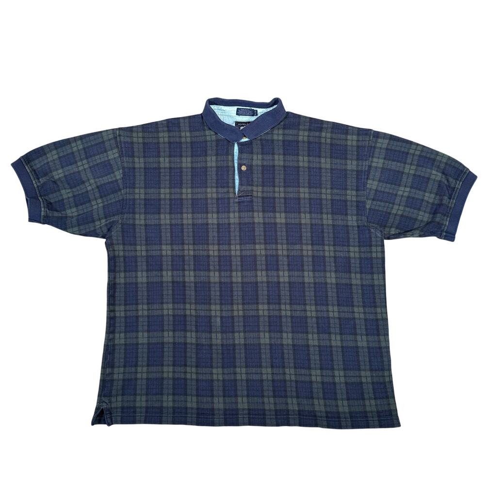 Vintage Woods & Gray Plaid Polo Shirt Denim Trim Collar Made in USA XL 90s